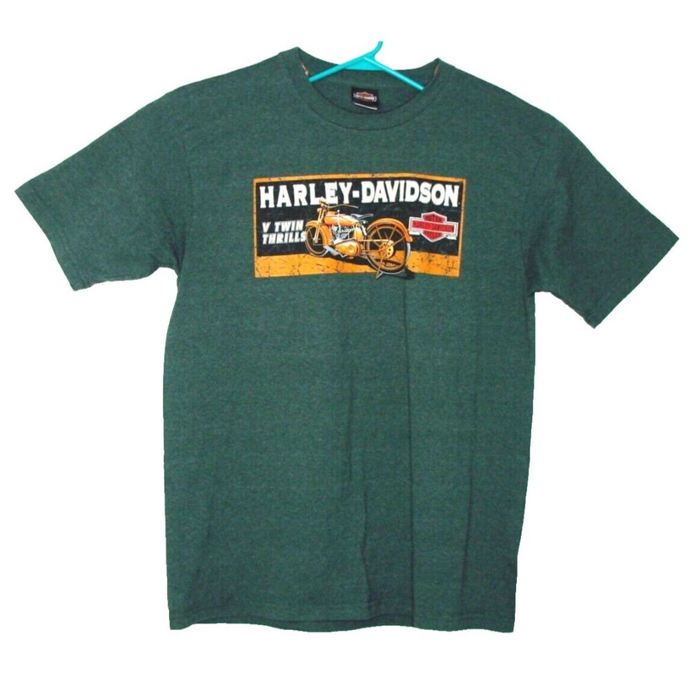Harley Davidson T-Shirt Size XL Green Hollywood CA USA V-Twin Thrills Vtg 2007